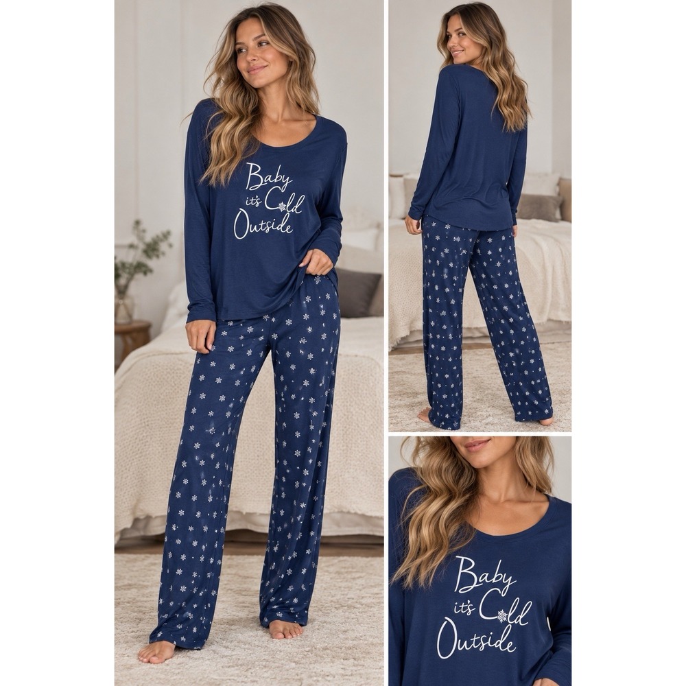Soma Cool Nights Pajama 2 Piece Set Pants Long Sleeve Snowflake Holiday Women XL